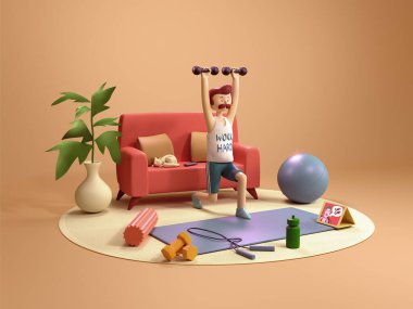 Sıkı çalışan adam - çizgi film ev 3D illüstrasyon