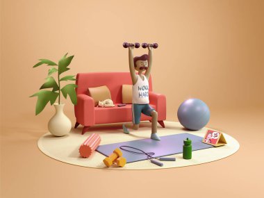 Sıkı çalışan adam - çizgi film ev 3D illüstrasyon