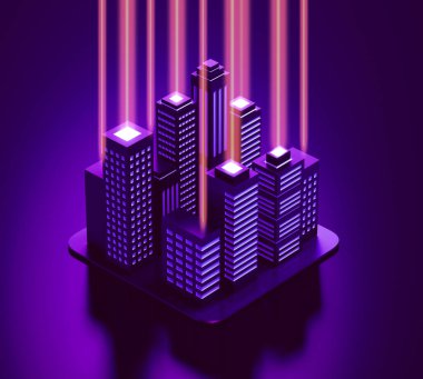 Bağlantı ışınları olan mor izometrik şehir gökdelenleri