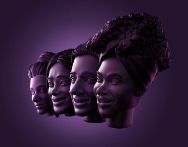 Concept of four human faces - CGI 3d sculptures clipart