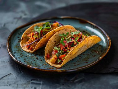 Modrn seramik kasede siyah tahta üzerinde sağlıklı tacolar.