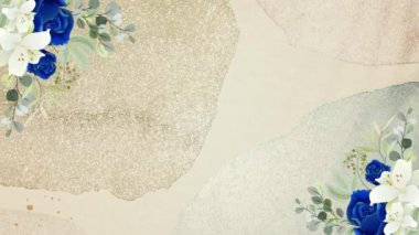 Düğünler ve sevgililer günü için mükemmel, altın rengi bir arka planda beliren mavi gül çerçeveli bir kompozisyon.