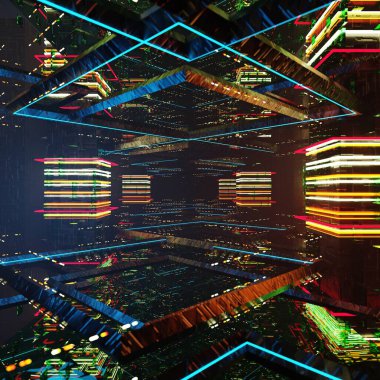 Bilim kurgu ve teknoloji yenilik sahnesinde reklam ve duvar kağıdı için 3 boyutlu illüstrasyon. Dekoratif konseptte 3B canlandırma.