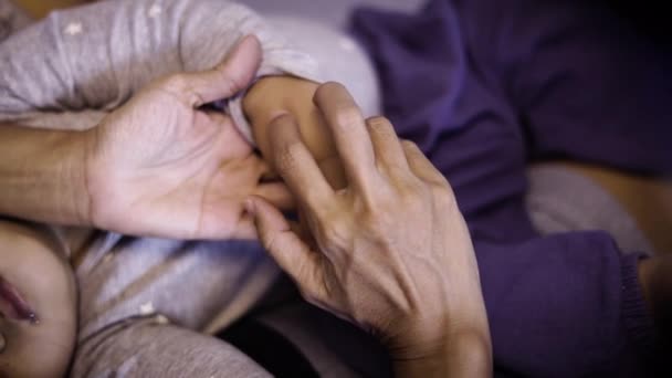Mother Applies Allergic Cream Her Baby Arms Hands Has Rash — Vídeo de stock