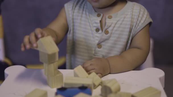 Portrait Preschooler Building High Tower Wooden Blocks Child Diligently Plays — стокове відео