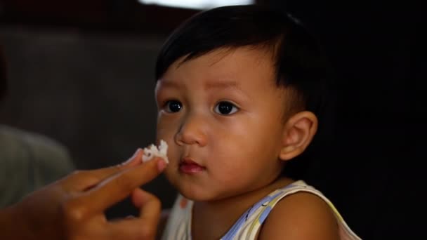 Vista Laterale Madre Che Alimenta Suo Bambino Asiatico Con Riso — Video Stock