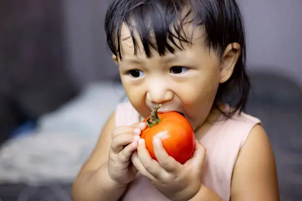 stock image The child bites off a large tomato. Little boy happily eating a tomato. 