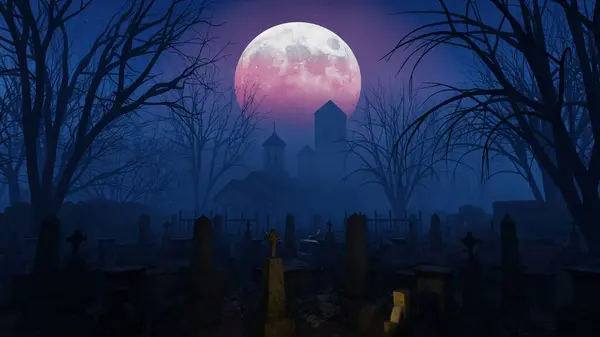Grave On The Night of the Horror, 3 boyutlu tanıtım arkaplanı festival ve din sahnesi için duvar kağıdı. Dekoratif konseptte 3B canlandırma.