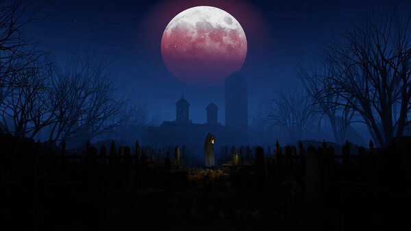 Grave On The Night Of Horror, 3D иллюстрация Фон для рекламы и обоев на фестивальной и религиозной сцене. 3D рендеринг в декоративной концепции.