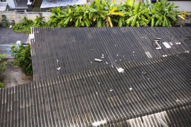 Eski asbest beton çatı çarşafları. Oluklu asbest beton çatı örtüsü..