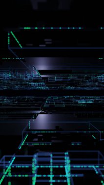 Dijital Gece Kenti, bilim kurgu ve teknoloji yenilik sahnesinde reklam ve duvar kağıdı için 3 boyutlu illüstrasyon arka planı. Dekoratif konseptte 3B canlandırma.