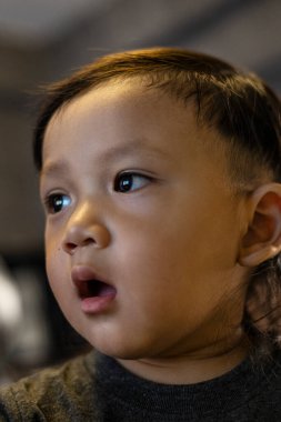 Toddler 'ın iç mekândaki portresi, yemek ve içecek yaşam tarzında reklam ve duvar kağıdı için arka plan.