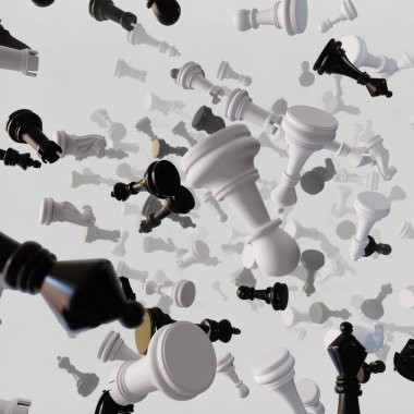 Satranç Parçaları Savaşı, eğitim ve kumar sahnesinde reklam ve duvar kağıdı için 3 boyutlu illüstrasyon.