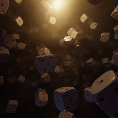 Havada Düşen Zarlar, kumarhane ve kumar sahnesinde reklam ve duvar kâğıdı için 3 boyutlu illüstrasyon arka planı. Dekoratif konseptte 3B canlandırma.