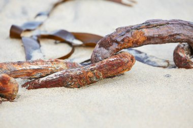 Mousehole, Cornwall, UK - old rusty chain half buried in sand of low tide harbour clipart