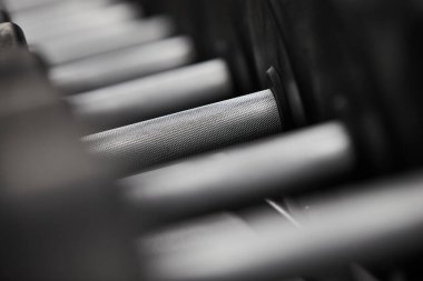 Spor salonundaki bir dambılın yakın çekimi, sapına özenle odaklanmış.