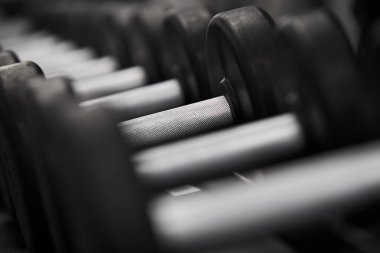 Spor salonundaki bir dambılın yakın çekimi, sapına özenle odaklanmış.