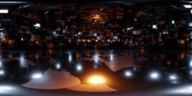 360 derece tam panorama çevre haritası. Karanlık, boş, neon ışıklı bir salon. 3D çizim hdri hdr vr sanal gerçeklik içeriği siber punk fütüristik bilim kurgu teknolojisi endüstriyel tasarım
