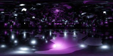 360 derece tam panorama çevre haritası. Karanlık, boş, neon ışıklı bir salon. 3D çizim hdri hdr vr sanal gerçeklik içeriği siber punk fütüristik bilim kurgu teknolojisi endüstriyel tasarım