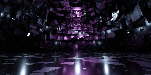 Σκοτεινή Κενή Μεγάλη Αίθουσα Φώτα Νέον Καθιστούν Εικονογράφηση Cyber Punk — Φωτογραφία Αρχείου