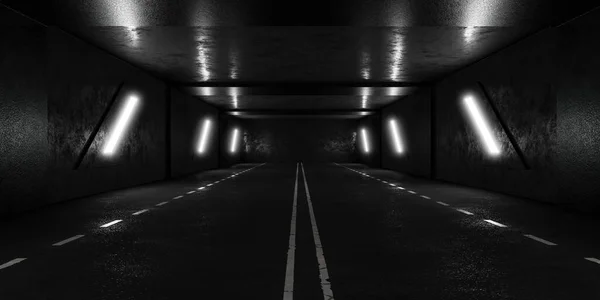 Тёмная Дорога Шоссе Подземный Туннель Огнями Рендеринг Иллюстрации Подземной Трубы — стоковое фото