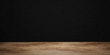 wooden surface in front of dark brick wall 3d render illustration template mock-up copy space background backdrop wallpaper for presentation purposes