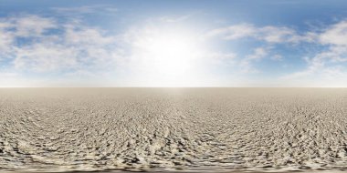 360 degree full panorama environment map of empty dessert dust landscape with blue sky clouds and horizon. 3d render illustration hdri hdr vr virtual reality content empty blank environment template