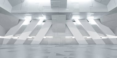 Bir sürü beyaz duvarı olan boş bir oda. 3 boyutlu resimleme.