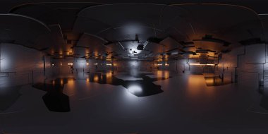 İçinde bir sürü ışık bulunan 360 derecelik bir panorama sanal gerçeklik içeriği olan büyük bir oda.