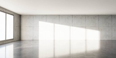 Büyük bir penceresi ve beton duvarı olan boş bir oda.