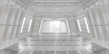 Bir sürü penceresi olan büyük beyaz bir oda gelecekteki teknoloji teması