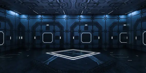 A futuristic room with blue lights and a black floor and a podium stand for product presentation