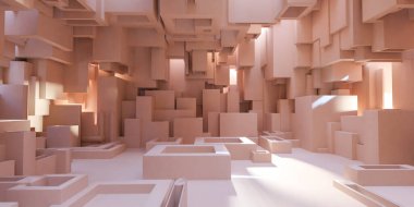 Geniş bir oda soyut şekil minimalist tasarım kutuları ile dolu.