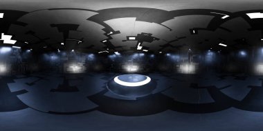 Bilim kurgu unsurları ve göz kamaştırıcı ışıklarla dolu büyüleyici bir odaya girin. eşdikdörtgen 360 derece sanal gerçeklik içeriği