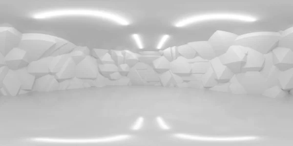 A minimalist and abstract interior decor featuring a room filled with numerous white rocks. equirectangular 360 degree panorama vr virtual reality content
