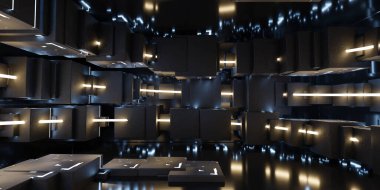 Sayısız geometrik nesnelerle dolu büyük bir oda