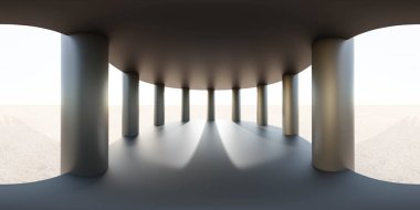 Tavanı destekleyen sayısız sütunla dolu büyük bir oda simetrik ve ferah bir ortam yaratıyor. eşdikdörtgen 360 derece sanal gerçeklik içeriği