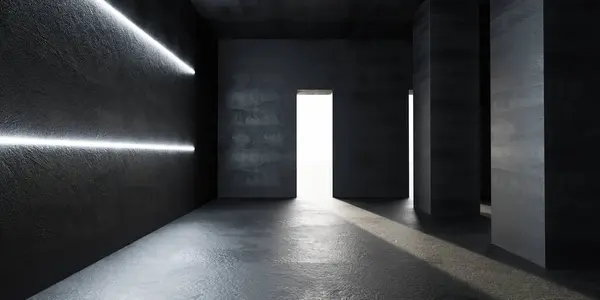 An unoccupied room with a ray of light entering through the partially opened door.
