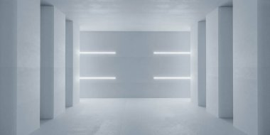 Dolu olmayan beyaz bir odayı çeken bir fotoğraf. Tavandan yayılan ışıkla aydınlatılmış..