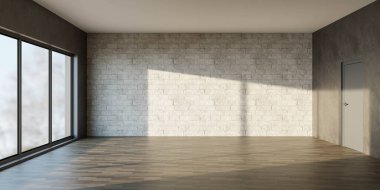 Bir tarafında tuğla duvar, diğer tarafında büyük pencereler olan boş bir oda, doğal ışığın boşluğu doldurmasına olanak sağlıyor. Oda geniş ve sade görünüyor, minimalist bir tasarımı var..