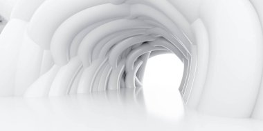 Beyaz bir tünel, koridorun sonundan yayılan parlak beyaz bir ışıkla aydınlanır. Işık büyüleyici bir parıltı yaratır, izleyicilerin gözünü görüntünün merkezine çeker..