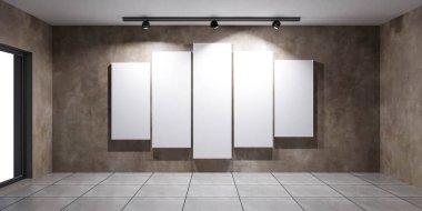 Çağdaş tasarım sergilenen geniş bir odada tavan ışıklarıyla aydınlatılmış, dokusu gri bir duvara asılı dört boş beyaz tuval var. Zemin kiremitli ve geniş bir pencere doğal.