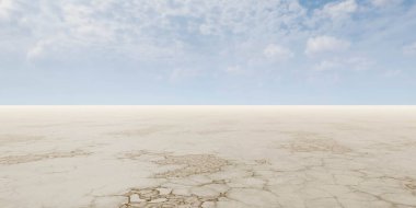 Geniş bir arazi, temiz mavi gökyüzünün altındaki çerçeveyi doldurur. Ovaların uçsuz bucaksız genişliği arka plandaki gökyüzünün basitliğiyle çelişiyor..