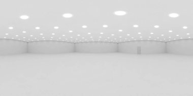 Mekanı aydınlatan sayısız parlak tavan ışıklarıyla dolu beyaz bir oda. Işıklar iyi ışıklandırılmış bir ortam yaratarak beyaz duvarlara ve zeminlere karşı katı bir zıtlık oluşturuyor. eşdörtgen
