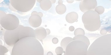 A cluster of white balloons floating gracefully in the sky, their strings hanging down as they drift gently with the wind. The balloons appear weightless and carefree, creating a simple yet clipart