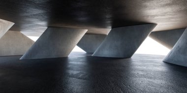 Beton bir yapının siyah ve beyaz tasviri, karmaşık tasarımı ve sağlam yapısını gözler önüne seriyor. Işık ve gölge oyunu binanın çizgilerini ve dokularını vurguluyor ve ekliyor: