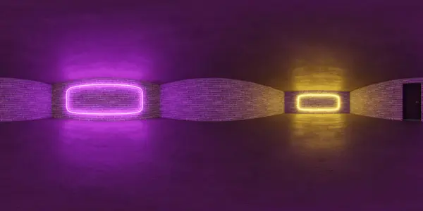 A room is illuminated by a vibrant purple light, reflecting off a matching purple wall. The room exudes a mysterious and intriguing atmosphere with the striking color scheme. equirectangular 360