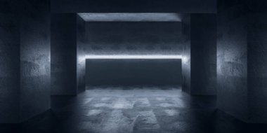 Zemini aydınlatan tek bir ışık çizgisi olan karanlık, beton bir koridor. Duvarlar pürüzlü ve dokulu, gölgeler uzun ve ürkütücü şekiller sergiliyor..