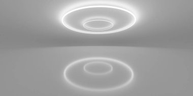 A white ceiling mounted light fixture, resembling a large, flat, circular disk with an inner ring, is positioned in the center of the image. A reflection of the fixture is visible on the glossy floor clipart