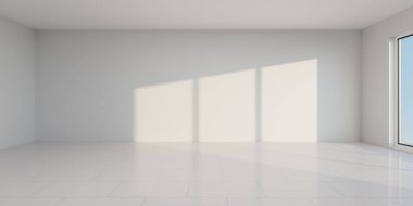 Çerçevenin sağ tarafında geniş bir penceresi olan beyaz bir oda. Güneş ışığı pencereden içeri akar, duvarda uzun, dikdörtgen gölgeler bırakır. Odanın beyaz duvarları, beyaz bir tavanı ve...